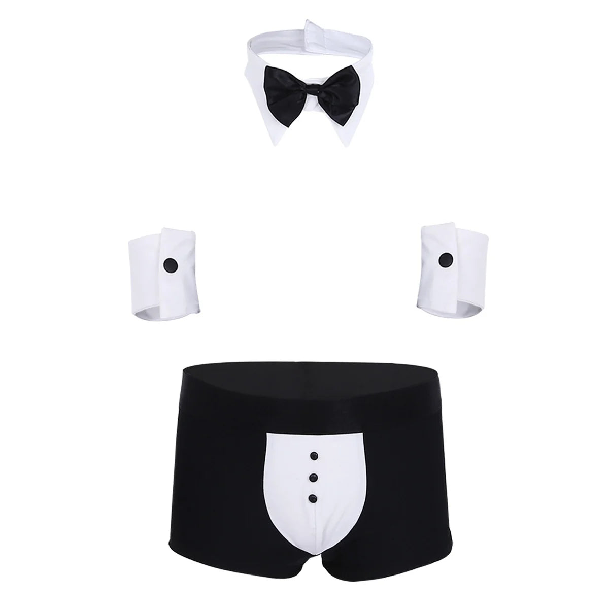 Herren Kellner Smoking Dessous Set Sexy Dienstmädchen Cosplay Kostüm G-String Tanga Boxershorts Unterwäsche mit Fliege Kragen Manschetten Clubwear