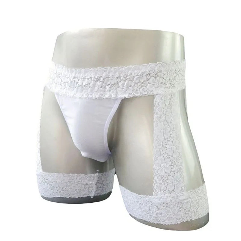 Lencería sexy para él, tanga de encaje estilo liguero, ropa interior con tanga transparente debajo de los pantalones, ropa interior de fantasía para hombres
