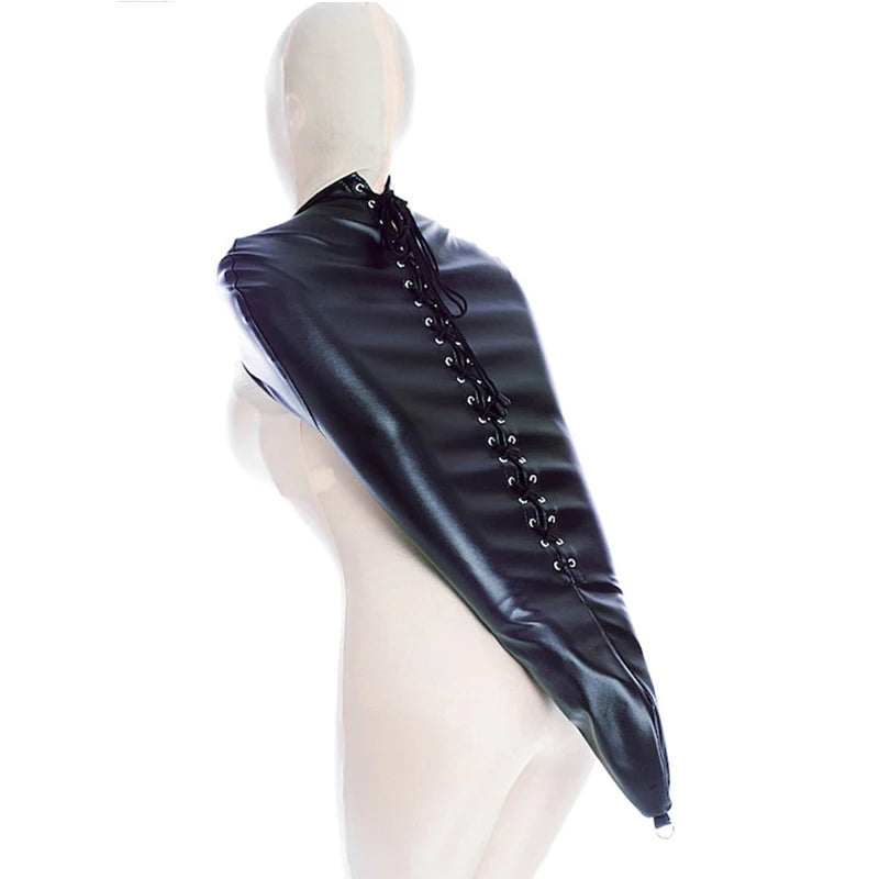 BDSM-Armbinder aus Leder, Zwangsjacke hinter dem Rücken, SM-Bondage-Handschuh, Sklavenhaubenmaske mit offenem Mund, Cosplay-Sexspielzeug für Erwachsene