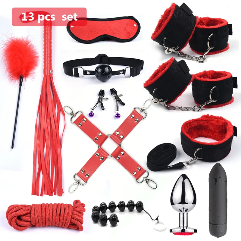 Bdsm 10 Speeds Vibrator Bondage Set Metal Sex Toys for Women Men Handcuffs Sex Nipple Clamps Whip Spanking Rope