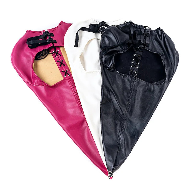 BDSM-Armbinder aus Leder, Zwangsjacke hinter dem Rücken, SM-Bondage-Handschuh, Sklavenhaubenmaske mit offenem Mund, Cosplay-Sexspielzeug für Erwachsene