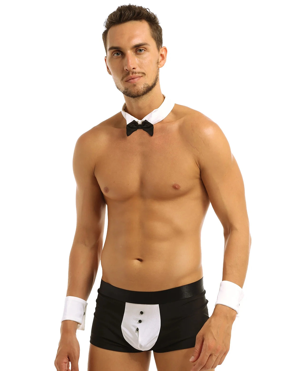 Herren Kellner Smoking Dessous Set Sexy Dienstmädchen Cosplay Kostüm G-String Tanga Boxershorts Unterwäsche mit Fliege Kragen Manschetten Clubwear