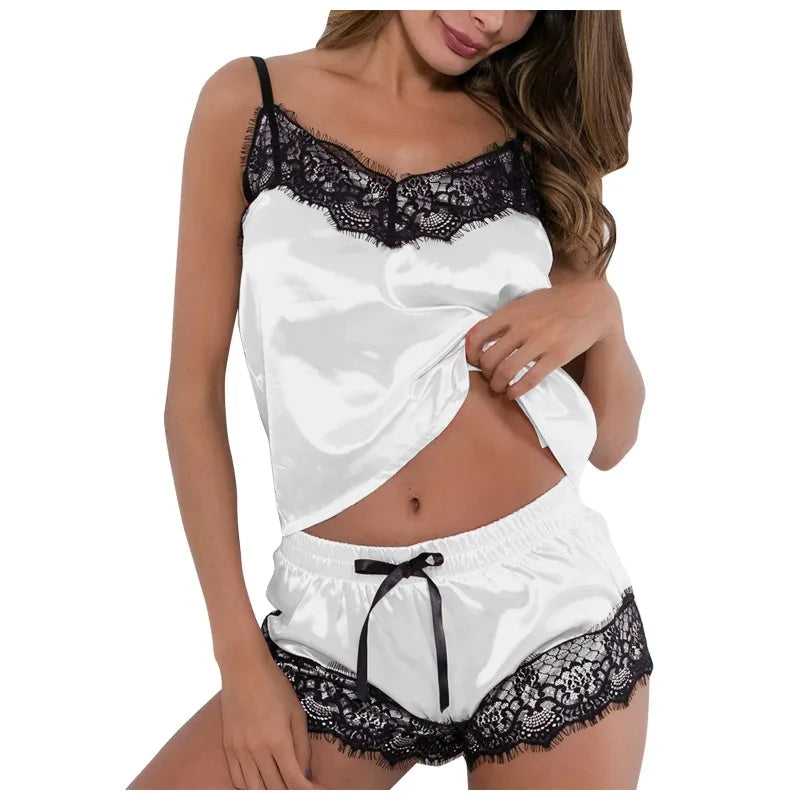 Lencería sexy de encaje de seda artificial para mujer, conjunto de pantalones cortos cómodos, ropa de dormir, conjuntos de lencería sexy, pijamas finos