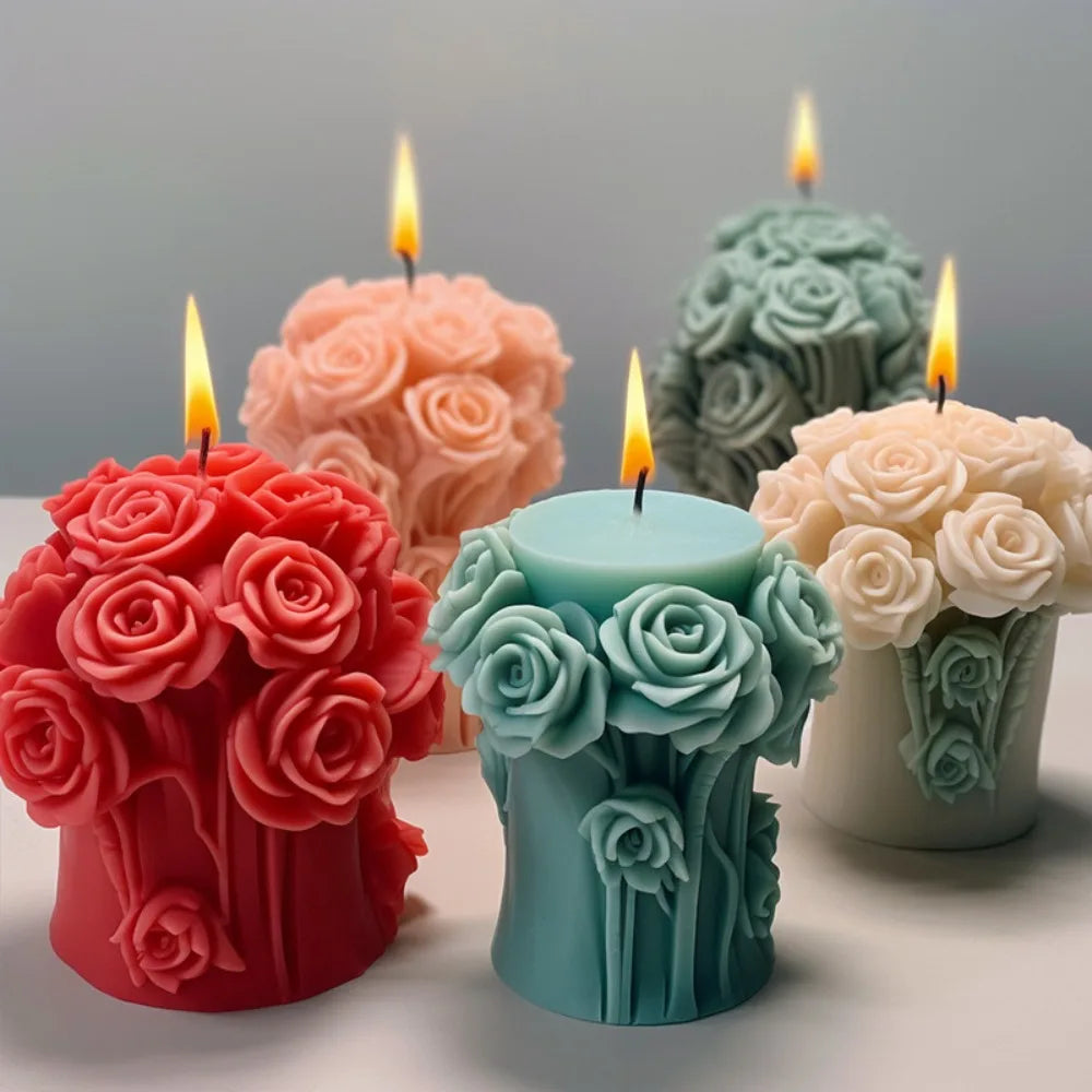 Romantic Rose Flower Column Wedding Candle Rattan Peony Soap Silicone Mould Valentine's Day Chocolate Candlelight Dinner Decor