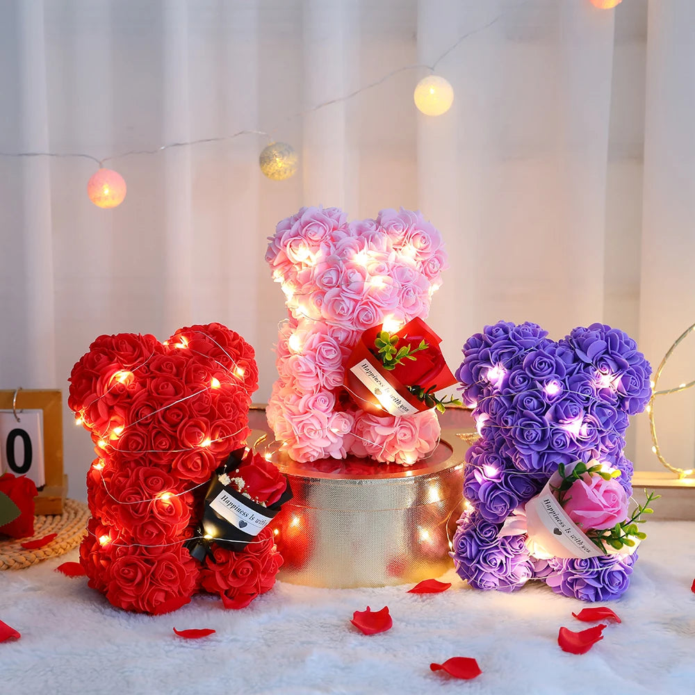 Artificial Flower 25cm Teddy Rose Bear With Box Light Valentine's Day Gift Mom Girlfriend Anniversary Wedding Birthday Decoratio