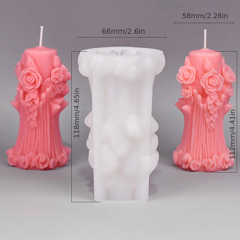 Romantic Rose Flower Column Wedding Candle Rattan Peony Soap Silicone Mould Valentine's Day Chocolate Candlelight Dinner Decor