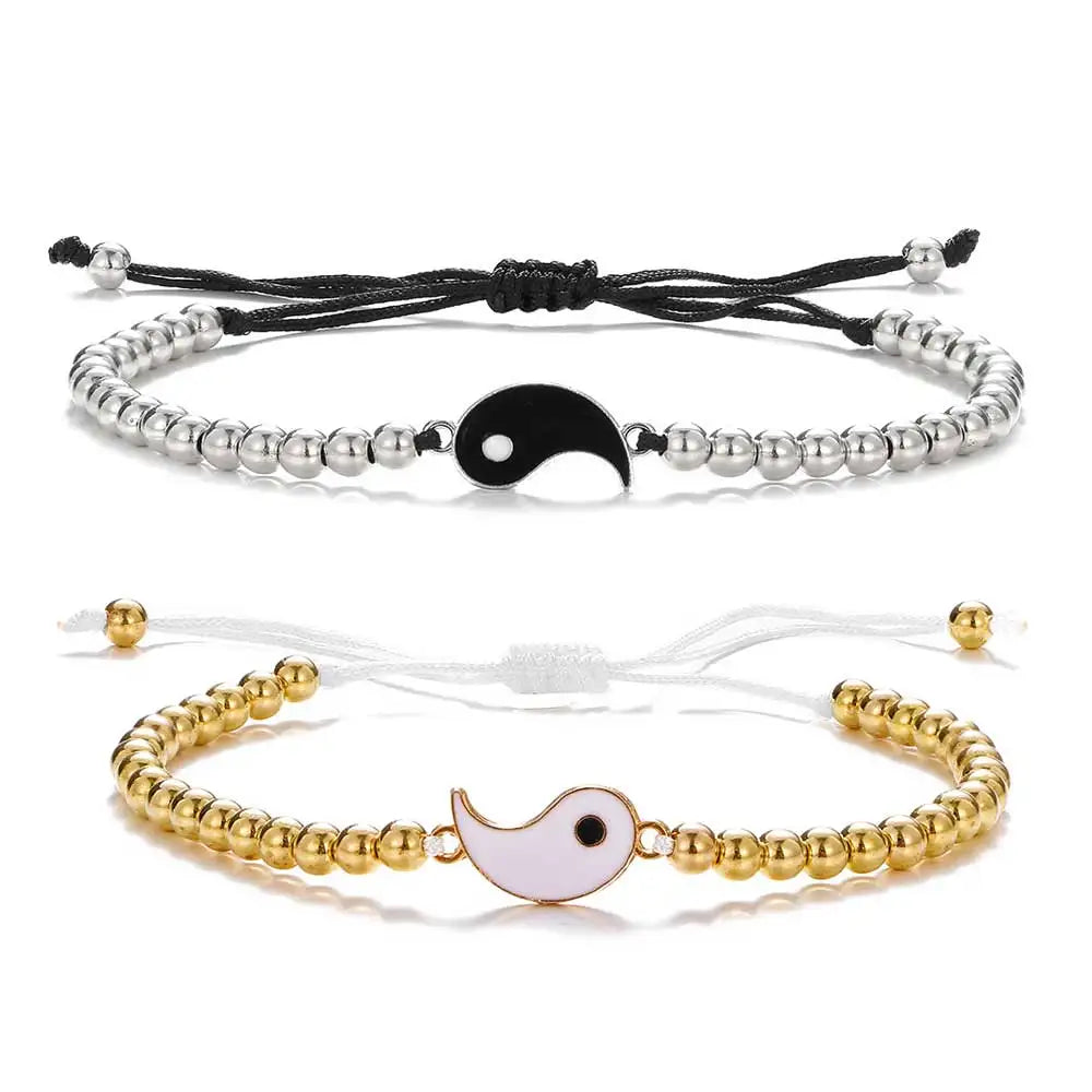 Couple Bracelets Rings Yin Yang Tai Chi Alloy Pendant Adjustable Braid Chain Necklace Matching Lover Bracelet Necklace Earring