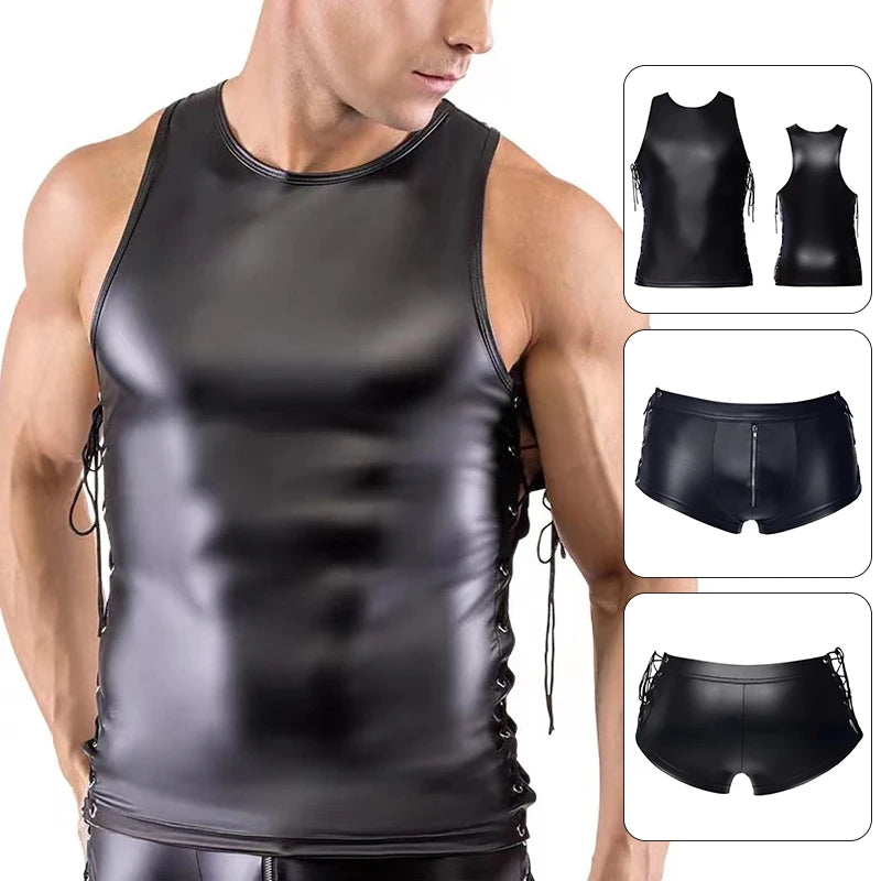 Männer Sexy Wet Look PVC Lackleder Glänzende Boxershorts Schnürung Seitlich Fetisch Shorts Hot Pants Tops Unterwäsche Dessous Outfit