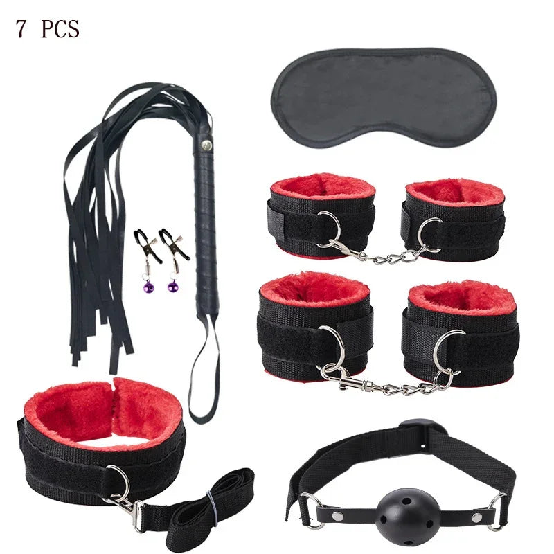 Kits BDSM de cuero sexy para parejas, exóticos, 7 piezas de peluche, juego de bondage sexual, esposas, juegos sexuales, látigo, mordaza, pinzas para pezones, juguetes sexuales.
