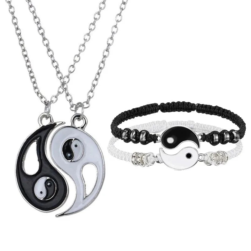 Couple Bracelets Rings Yin Yang Tai Chi Alloy Pendant Adjustable Braid Chain Necklace Matching Lover Bracelet Necklace Earring