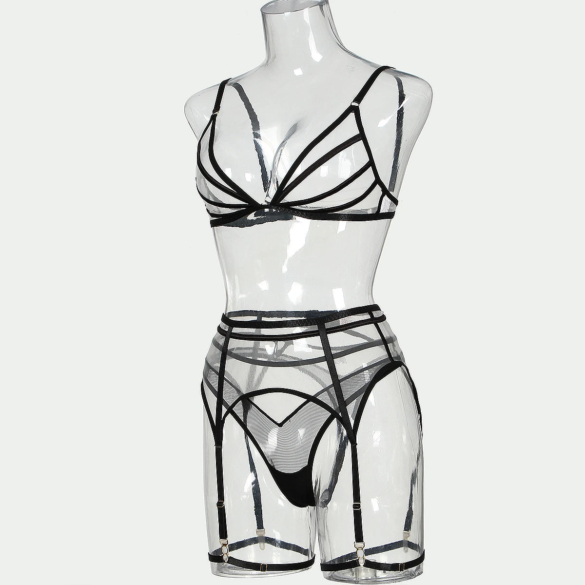 Conjunto de lencería erótica de cuatro piezas con copa triangular, sexy, de malla transparente, novedad de verano de 2024