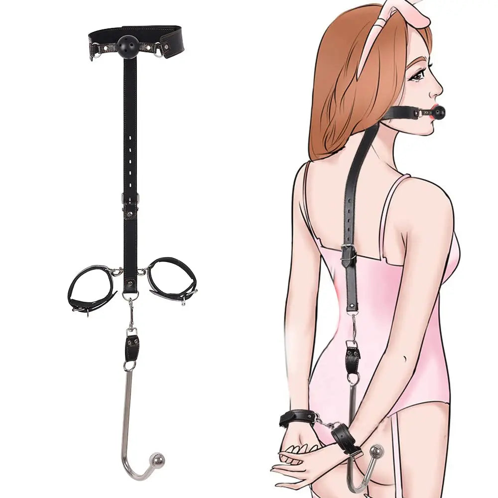 Juego de ganchos anales de cuero BDSM, posición de asistencia sexual, sujeción con gancho de metal, esposas con tapón bucal y cinturón, juguetes sexuales para adultos