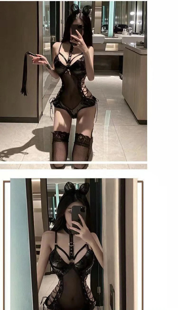 BDSM Latex Bodysuit Queen Kostüm Sexy Fetischkleid Transparentes Mesh Fessel-Outfit Enges Bondage Erotisches Dessous-Set für Damen