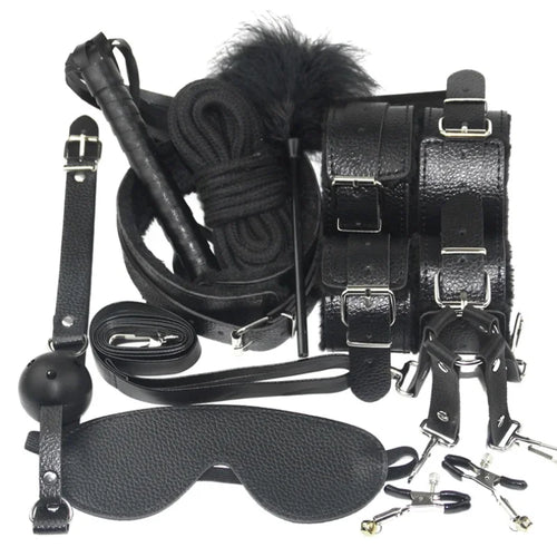 BDSM Kits Sexy Leder Plüsch Sex Bondage Set Handschellen Sex Spiele Peitsche Knebel Nippelklemmen Sex Spielzeug Für Paare Exotisches Zubehör