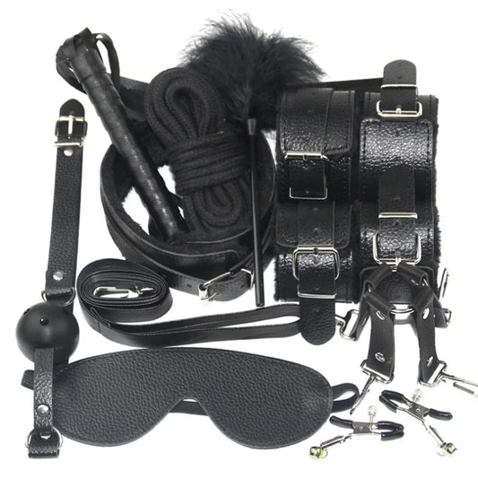 BDSM Kits Sexy Leder Plüsch Sex Bondage Set Handschellen Sex Spiele Peitsche Knebel Nippelklemmen Sex Spielzeug Für Paare Exotisches Zubehör