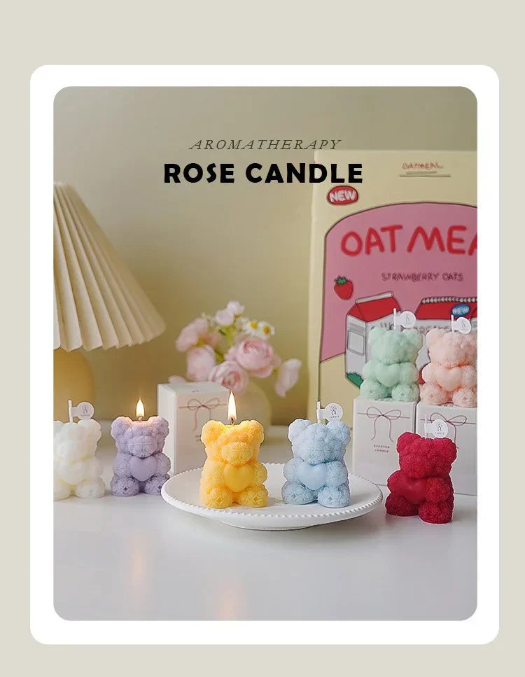 Cute Rose Bear Candle Romantic Cute Soy Wax Aromatherapy Small Scented Relaxing Birthday Wedding Party Gift Home Decor