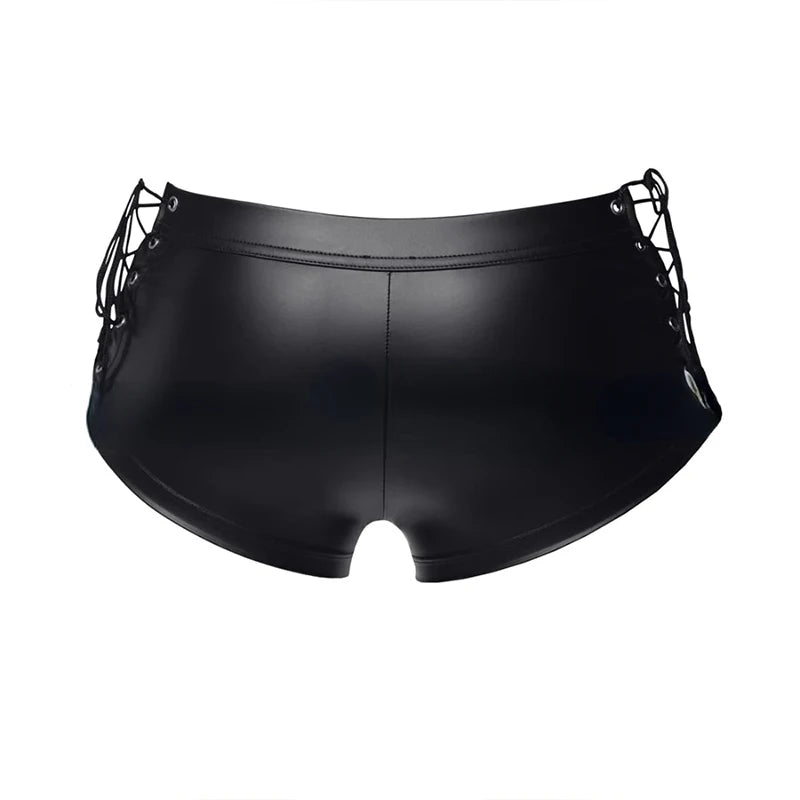 Männer Sexy Wet Look PVC Lackleder Glänzende Boxershorts Schnürung Seitlich Fetisch Shorts Hot Pants Tops Unterwäsche Dessous Outfit