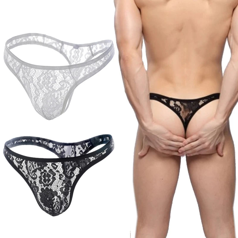 Tanga de encaje para hombre, ropa interior sexy, transparente, con bolsa en U, bragas eróticas