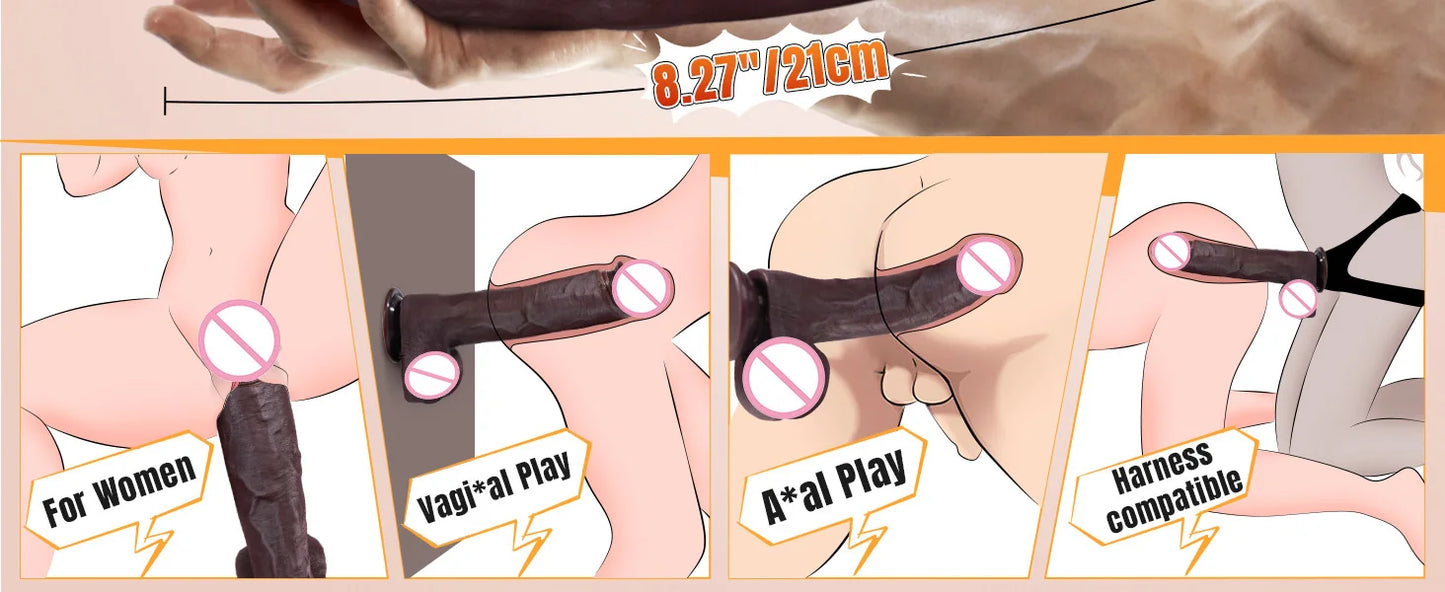 Juguete sexual de consolador negro grande simulado, consolador enorme y grueso con apariencia de piel, con consolador de silicona realista con ventosas