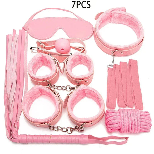 BDSM-Kits Sexy Leder für Paare Exotisches 7-teiliges Plüsch-Sex-Bondage-Set Handschellen Sexspiele Peitschenknebel Nippelklemmen Sexspielzeug