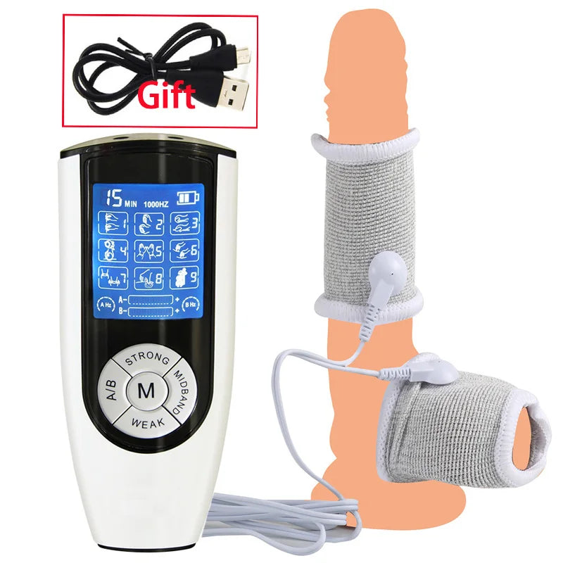 BDSM Elektroschock Leitfähige Faser Penishülle E-Stim Hodensackringe Elektrisches Spiel Penistherapie Vergrößerung Männliche Sexprodukte