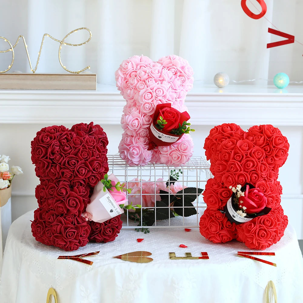 Artificial Flower 25cm Teddy Rose Bear With Box Light Valentine's Day Gift Mom Girlfriend Anniversary Wedding Birthday Decoratio