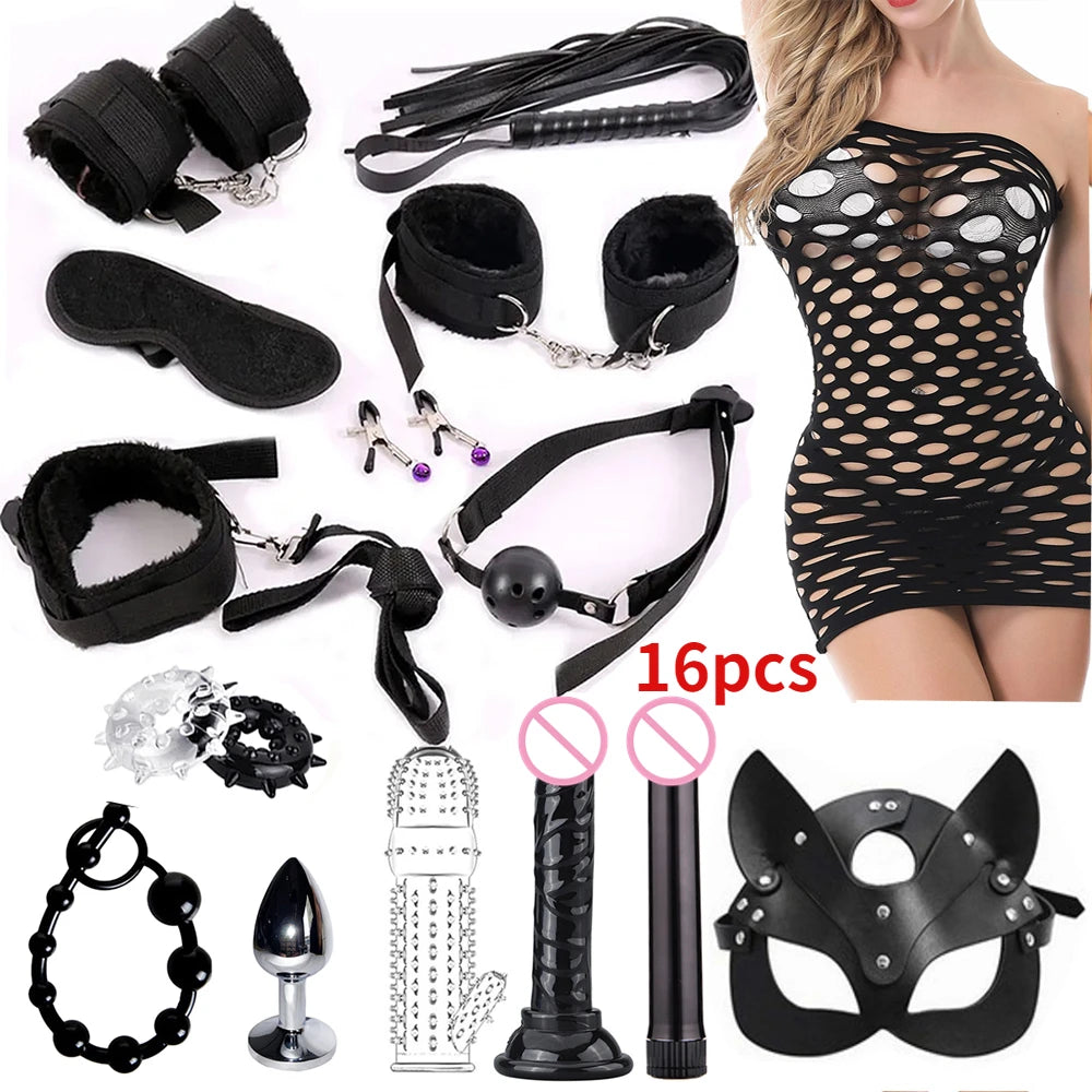 Kits de juguetes sexuales BDSM para adultos, juegos eróticos, máscara de bondage, esposas de plumas, esposas de tobillo y ataduras para parejas, accesorios sexuales para mayores de 18 años.