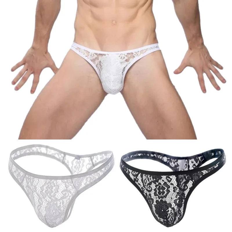 Tanga de encaje para hombre, ropa interior sexy, transparente, con bolsa en U, bragas eróticas