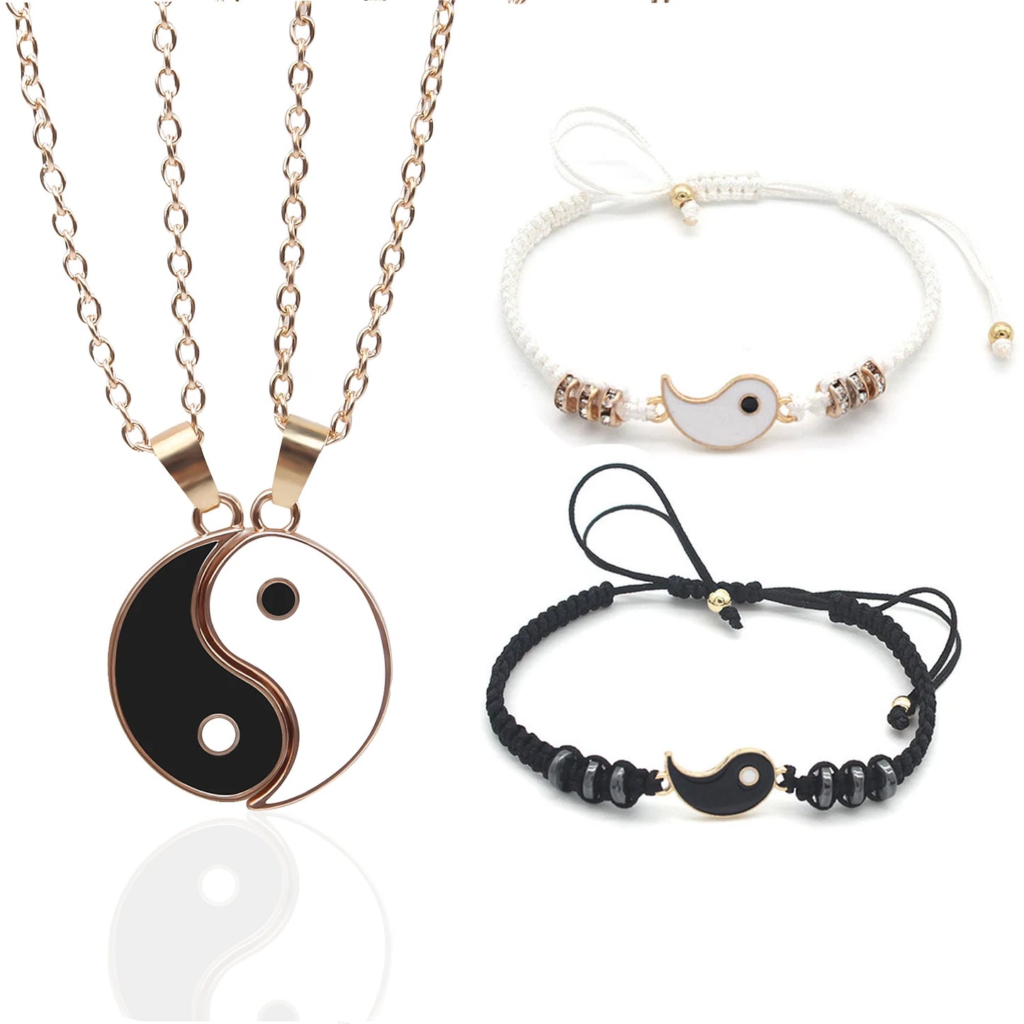 Couple Bracelets Rings Yin Yang Tai Chi Alloy Pendant Adjustable Braid Chain Necklace Matching Lover Bracelet Necklace Earring