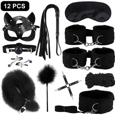 BDSM Kits Sexy Leder Plüsch Sex Bondage Set Handschellen Sex Spiele Peitsche Knebel Nippelklemmen Sex Spielzeug Für Paare Exotisches Zubehör