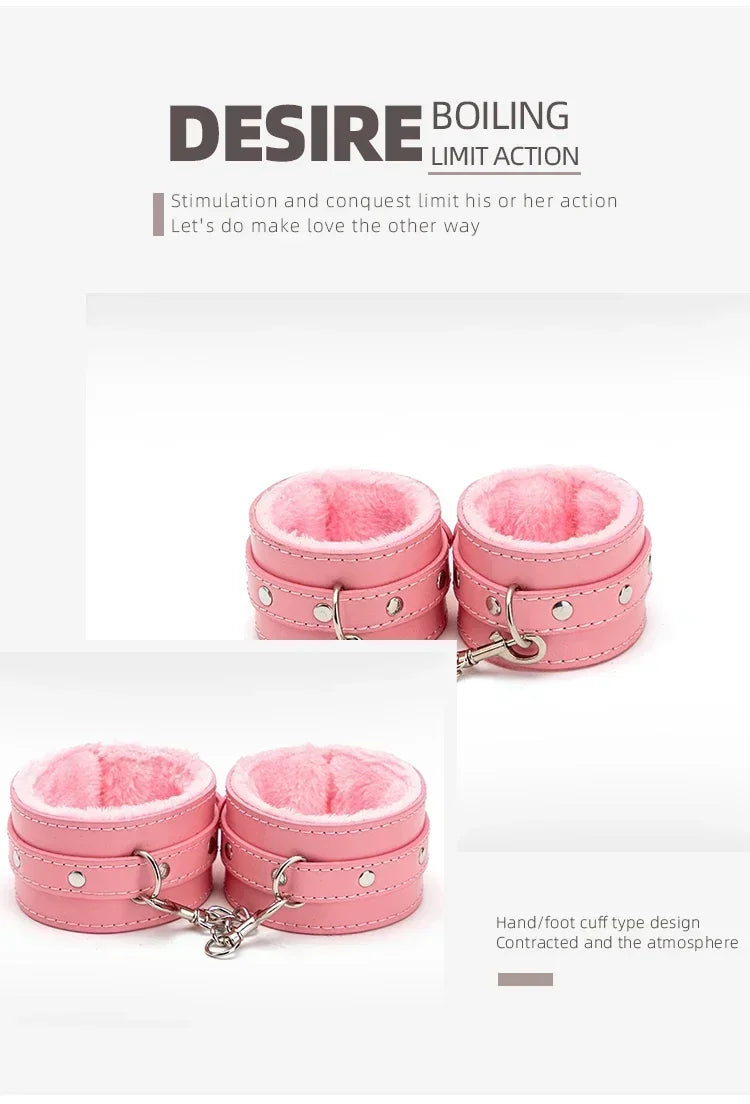 Kits BDSM de cuero sexy para parejas, exóticos, 7 piezas de peluche, juego de bondage sexual, esposas, juegos sexuales, látigo, mordaza, pinzas para pezones, juguetes sexuales.