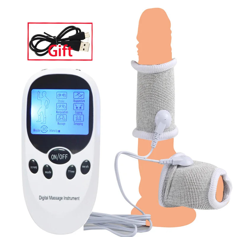 BDSM Elektroschock Leitfähige Faser Penishülle E-Stim Hodensackringe Elektrisches Spiel Penistherapie Vergrößerung Männliche Sexprodukte