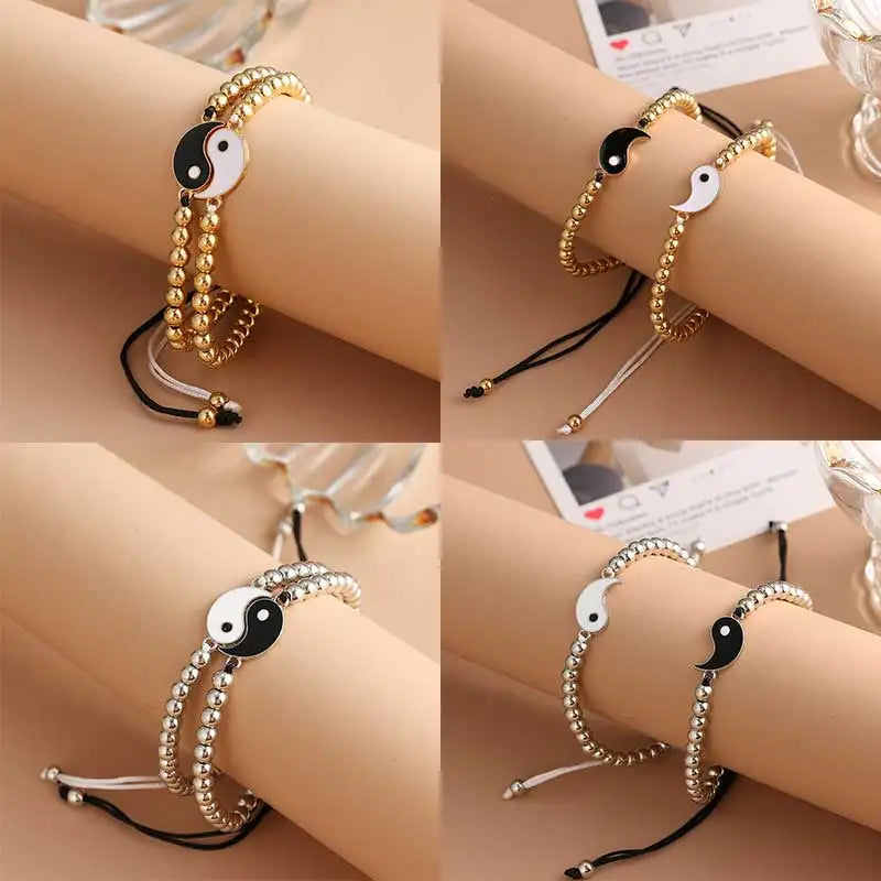 Couple Bracelets Rings Yin Yang Tai Chi Alloy Pendant Adjustable Braid Chain Necklace Matching Lover Bracelet Necklace Earring