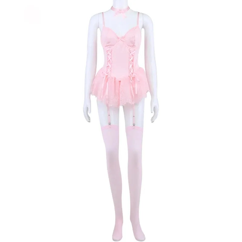 Sexy Dessous Damen Korsett Spitzenbody 5-teiliges Set mit Strümpfen & Strumpfgürtel OnlyFans Tightening Fantasy Unterwäsche