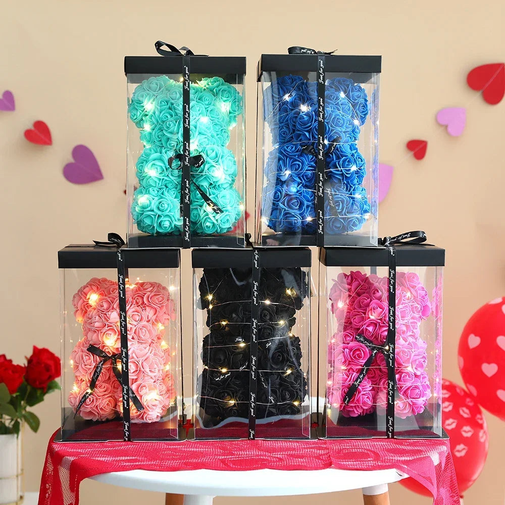 Eternal Flower 25cm Artificial Teddy Rose Flower Bear with Box Romantic Gift Girlfriend Women Mother Birthday Wedding Party Deco