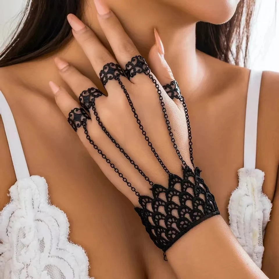 Romantic Vintage  Black Lace Finger Wrist Chain Rings Bracelets Metal Linked Bracelet Gothic Fashion Women's Jewelry