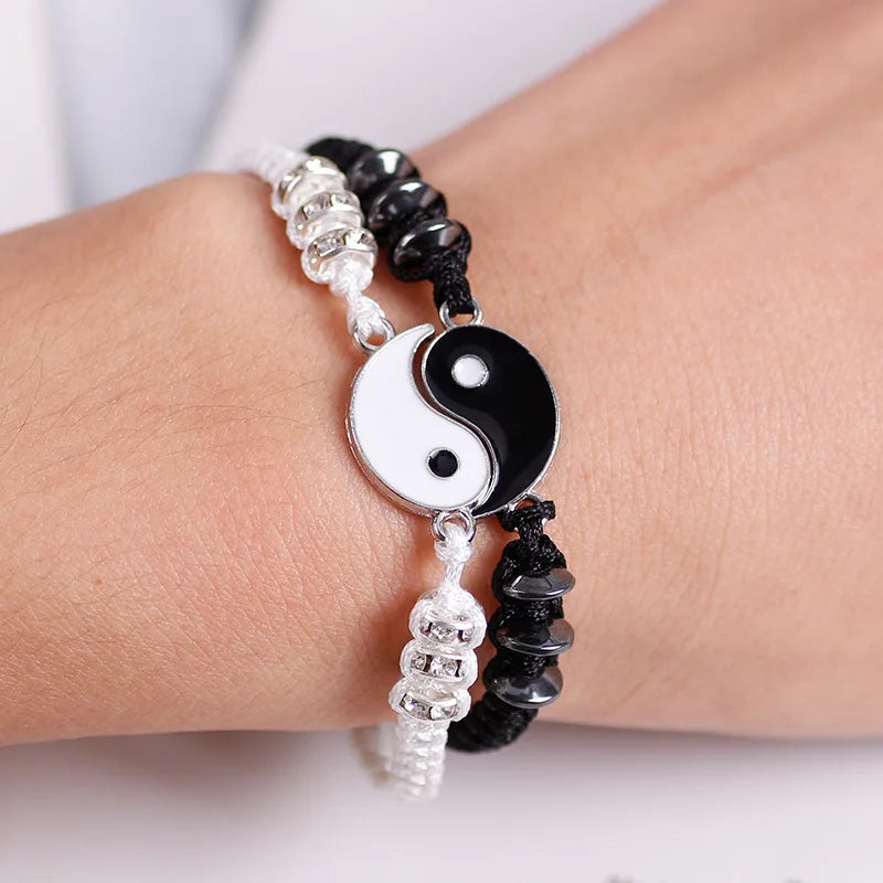 Couple Bracelets Rings Yin Yang Tai Chi Alloy Pendant Adjustable Braid Chain Necklace Matching Lover Bracelet Necklace Earring