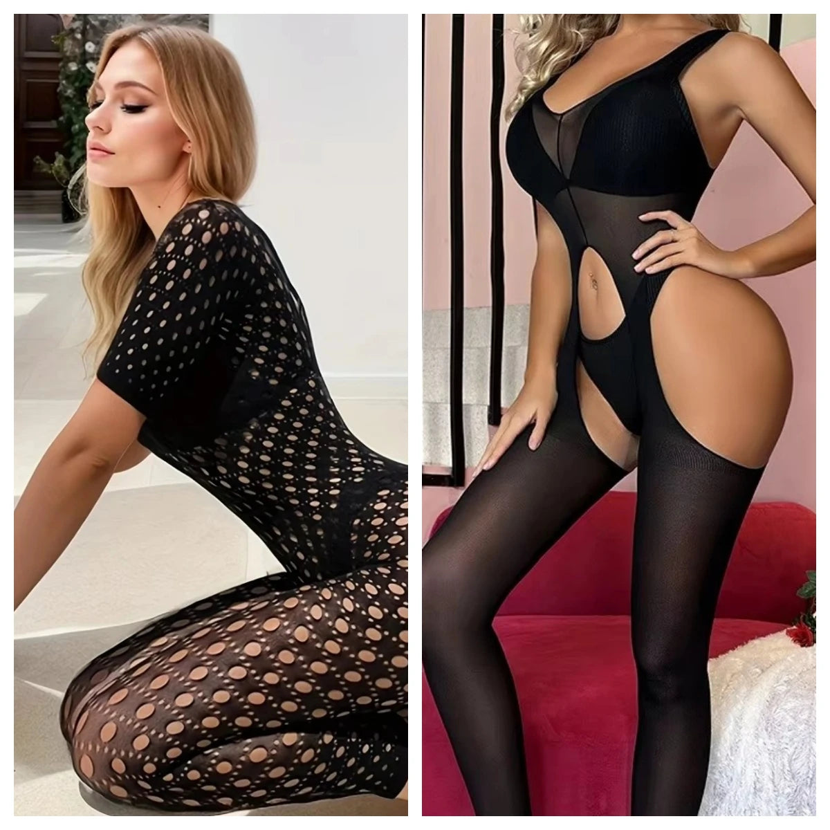 Simplejewel 1 Stück/2 Stück Damen Sexy Fischnetz-Overall Bodysuit Mesh Durchsichtige Dessous Babydoll Nachthemd Bodystocking Nachtwäsche