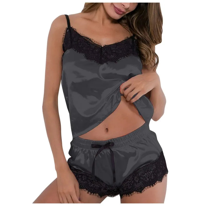 Lencería sexy de encaje de seda artificial para mujer, conjunto de pantalones cortos cómodos, ropa de dormir, conjuntos de lencería sexy, pijamas finos