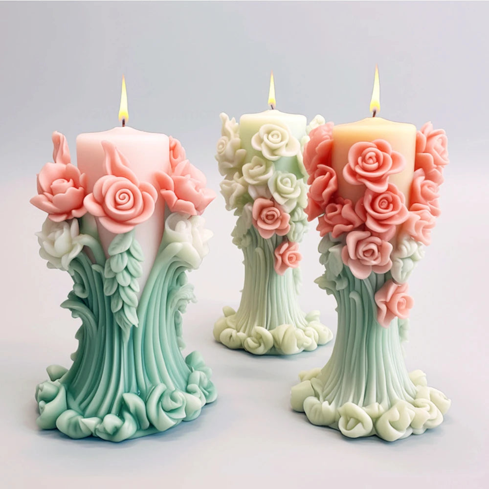 Romantic Rose Flower Column Wedding Candle Rattan Peony Soap Silicone Mould Valentine's Day Chocolate Candlelight Dinner Decor