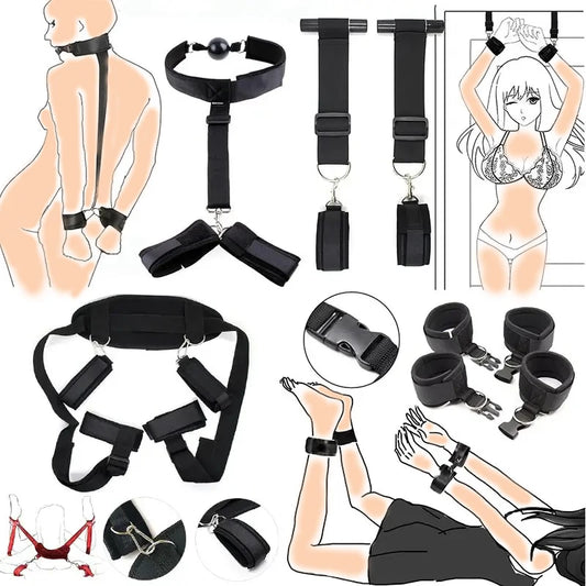 Juego de bondage BDSM para adultos, esposas, collar, muñeca, mordaza, correa, fetiche, SM, juguete sexual para mujeres y parejas, sin vibrador