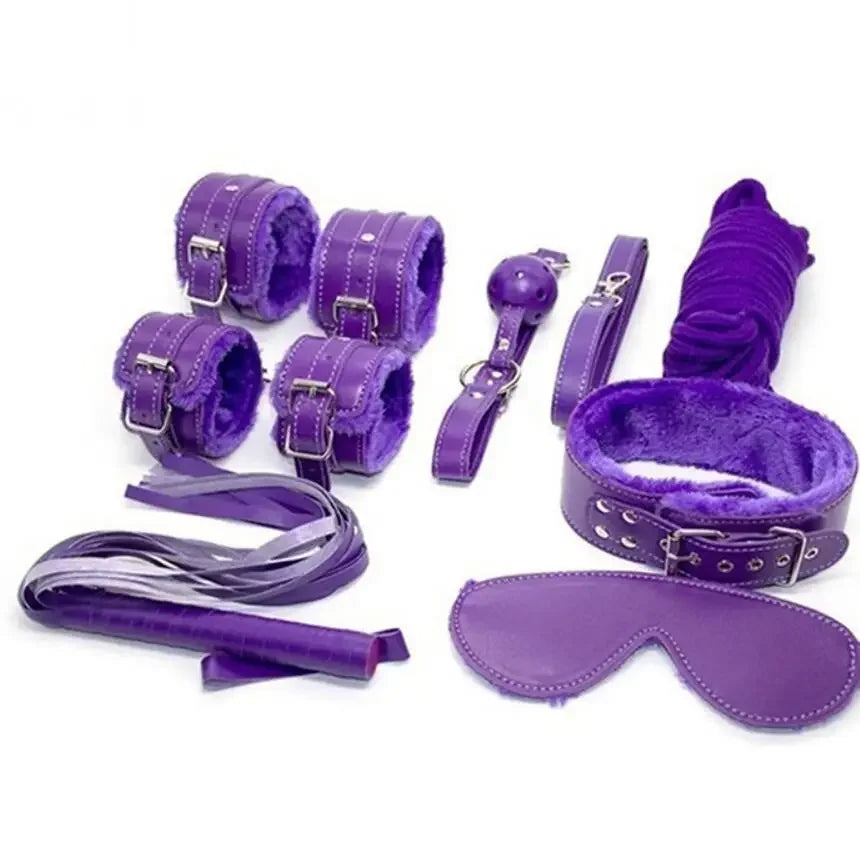 Kits BDSM de cuero sexy para parejas, exóticos, 7 piezas de peluche, juego de bondage sexual, esposas, juegos sexuales, látigo, mordaza, pinzas para pezones, juguetes sexuales.