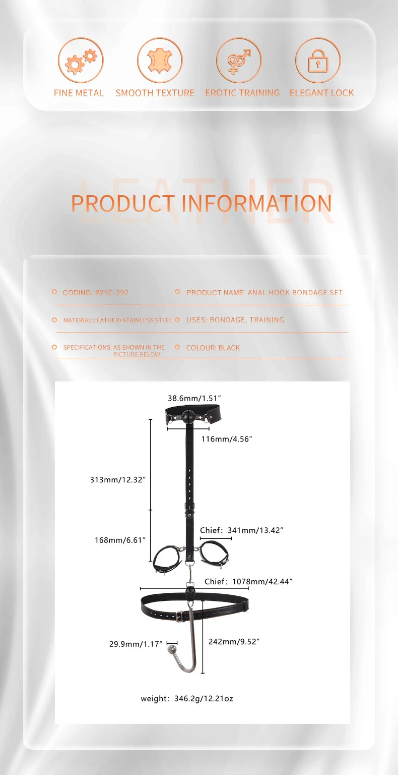 Juego de ganchos anales de cuero BDSM, posición de asistencia sexual, sujeción con gancho de metal, esposas con tapón bucal y cinturón, juguetes sexuales para adultos