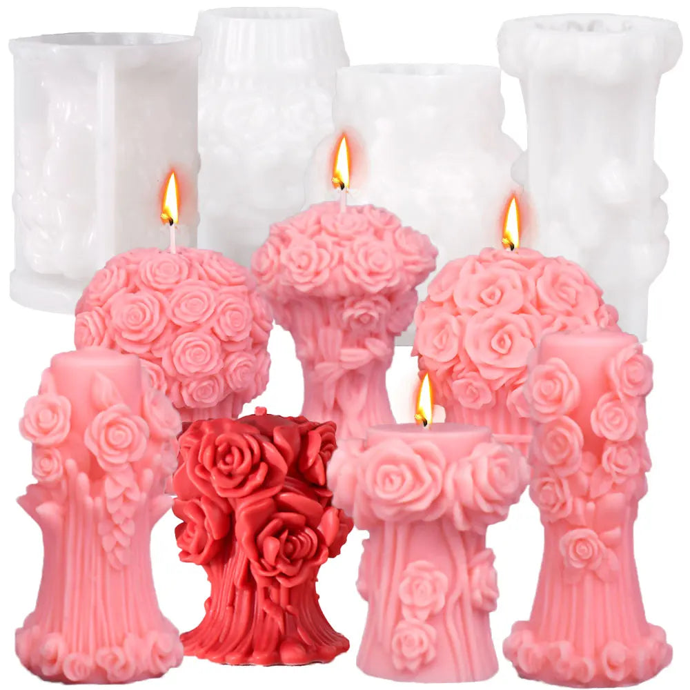 Romantic Rose Flower Column Wedding Candle Rattan Peony Soap Silicone Mould Valentine's Day Chocolate Candlelight Dinner Decor