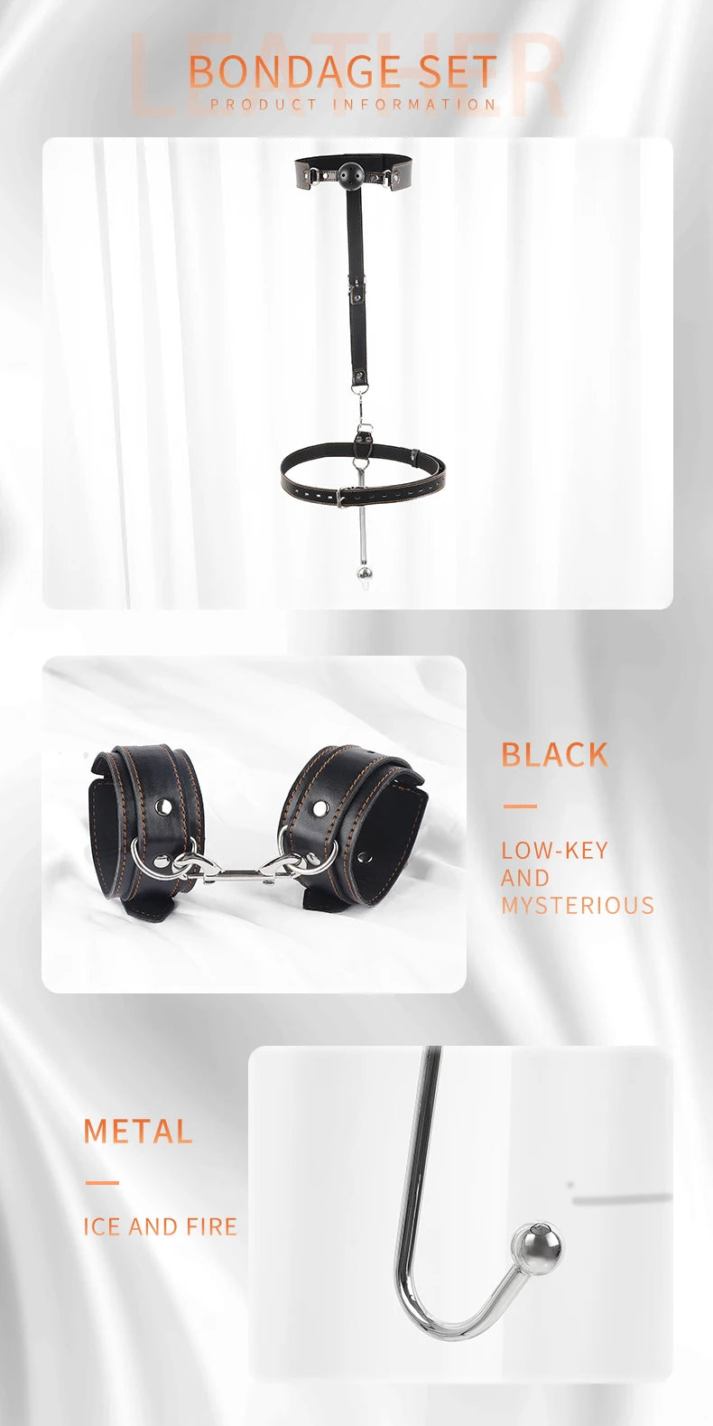 Juego de ganchos anales de cuero BDSM, posición de asistencia sexual, sujeción con gancho de metal, esposas con tapón bucal y cinturón, juguetes sexuales para adultos