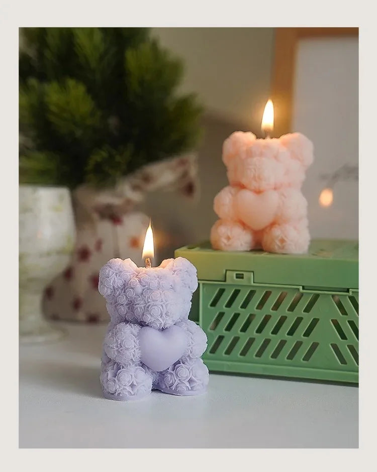 Cute Rose Bear Candle Romantic Cute Soy Wax Aromatherapy Small Scented Relaxing Birthday Wedding Party Gift Home Decor