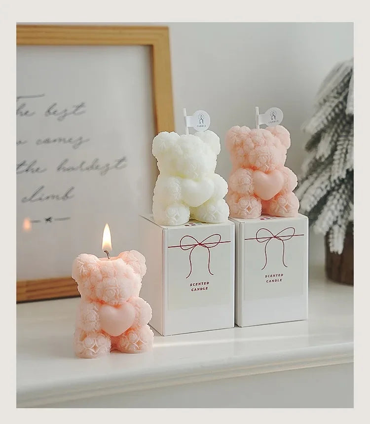 Cute Rose Bear Candle Romantic Cute Soy Wax Aromatherapy Small Scented Relaxing Birthday Wedding Party Gift Home Decor