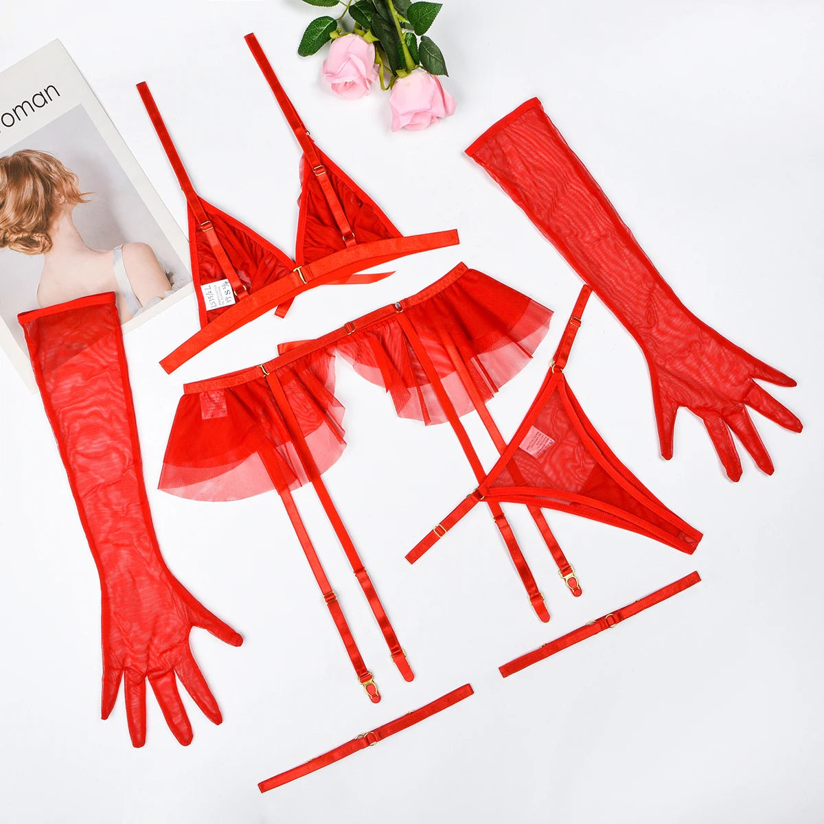 MUZISKAT New 2024 Fashion Durchsichtiges Mesh Fünfteiliges Sexy Skelett Erotische Dessous Set Onlyfan