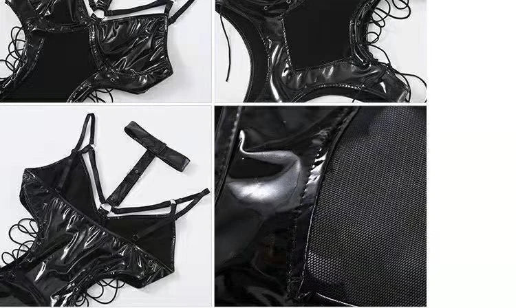 BDSM Latex Bodysuit Queen Kostüm Sexy Fetischkleid Transparentes Mesh Fessel-Outfit Enges Bondage Erotisches Dessous-Set für Damen