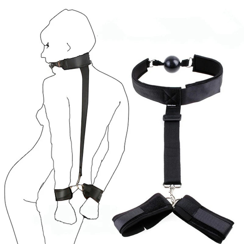 Juego de bondage BDSM para adultos, esposas, collar, muñeca, mordaza, correa, fetiche, SM, juguete sexual para mujeres y parejas, sin vibrador